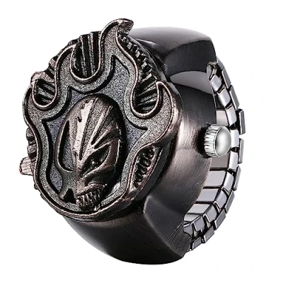 Image of JewelryWe Men&#039;s Ring Watch Finger Analogue Quartz Elastic Skull Band Stainless Steel Ring, 3 black