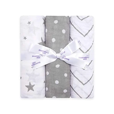 Image of Bloomsbury Mill Baby Swaddle Blanket Soft 100% Organic Cotton Swaddles for Newborn Large Muslin Cloths Pack of 3 Essentials Grey &amp; White 120x120cm