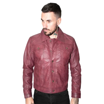 Image of Men’s Smooth Casual Burg Trucker 100% Leather Shirt Jeans Jacket 5XL