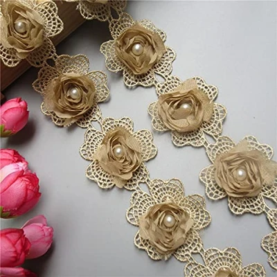 Image of 2 Yards Gold Rose Flower Pearl Lace Edge Trim Ribbon 2.16&quot; Width Vintage Style Edging Trimmings Fabric Embroidered Applique Sewing Craft Wedding Dress Embellishment DIY Cards Hats Clothes Embroidery