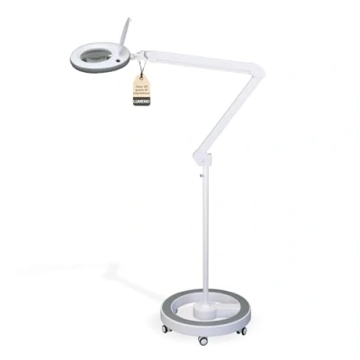 Image of Lumeno 7213GR LED magnifying lamp, 127 mm glass lens, 910 lumen, 3 diopters, workstation cosmetic for beauty salon, hobbyist, as reading aid, with rolling stand 6159GR