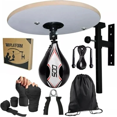 Image of Speed Ball Platform Boxing PU Leather MMA Muay Thai Training Punching Dodge Striking Bag Kit Hanging Swivel, Hand Wraps Workout Speedball Kicking (White/Black)