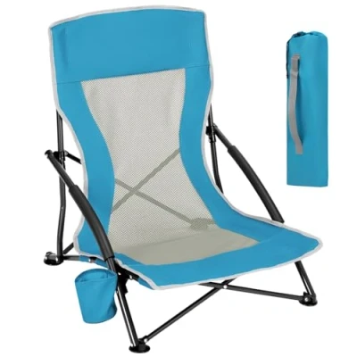 Image of WOLTU Folding Beach Chair Low Camping for Adults, Light Lightweight Portable with Breathable Mesh Back, Outdoor Cup Holder, Carry Bag, Blue