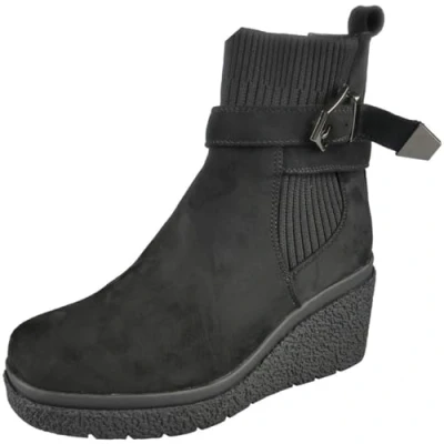 Image of Ladies Ankle Wedge Sock Boots Shoes Heels Chelsea Fashion Platform Womens Sizes Black Suede 6
