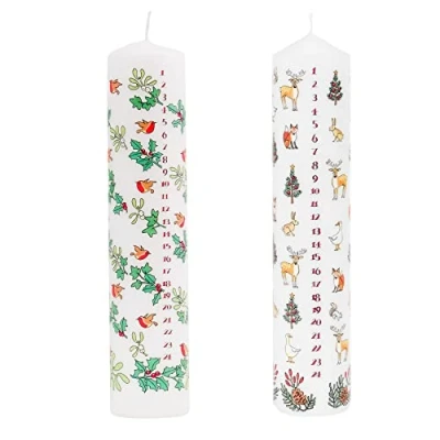 Image of Set of 2 Traditional Countdown to Christmas Advent Candle Winter Wildlife and Holly &amp; Ivy Pillar Candles with Numbers Festive