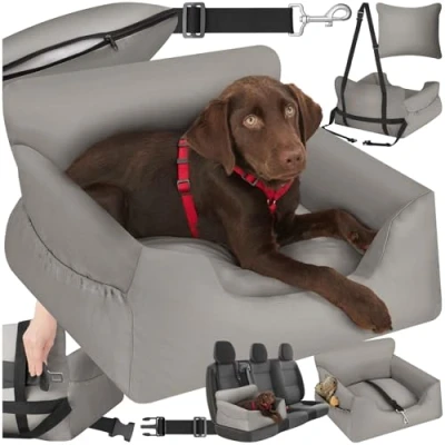 Image of tectake® Dog Car Seat with Thick Padding, Safety Lead &amp; 2 Fastening Straps, Durable Canvas Cover, Side Pockets, Universal Fit, Easy to Clean Pet for Cats Dogs Beige