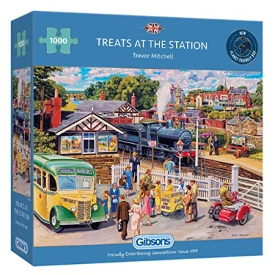 Image of Treats At the Station 1000 Piece Jigsaw Puzzle Train Sustainable for Adults Premium 100% Recycled Board Gibsons Games