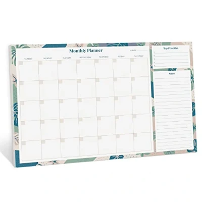 Image of Rileys Monthly Planner Desk Pad, Undated Calendar with 52 Tearaway Sheets, Wide To Do Notepad Top Priorities and Notes Sections, Printed Border, 16.5 x 11.4&quot; (Floral)