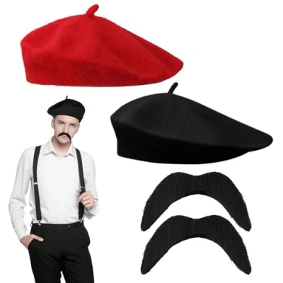Image of FUIPVGI 4 Pieces French Fancy Dress Costume Beret Moustache Adult Unisex Mustache For Up Hair Accessory Outfit. (black red)