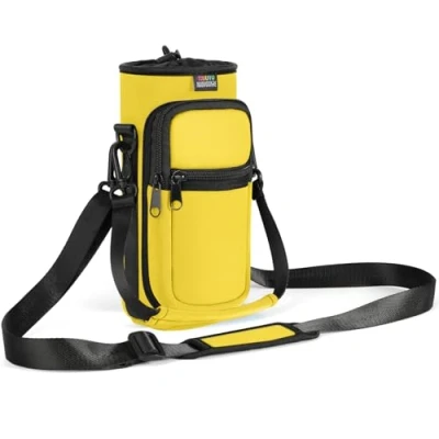 Image of Nuovoware Water Bottle Carrier Bag, 750ml Pouch Holder, Adjustable Shoulder Hand Strap 2 Pocket Sling Neoprene Sleeve Sports Accessories for Hiking Travelling, Yellow