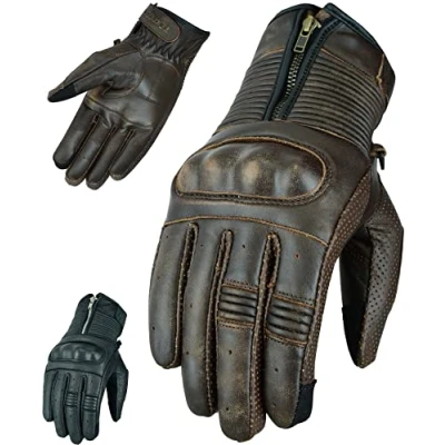 Image of Texpeed Mens Motorcycle Leather Gloves Motorbike Riding Biker Moped Zipped With CE Knuckle Armour Protection Brown (S)
