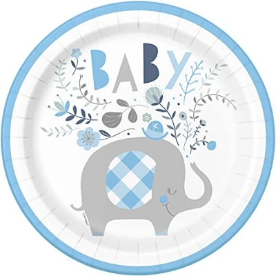 Image of Unique 78395EU Eco Friendly Paper Plates 23 cm Blue Floral Elephant Baby Shower 8 Count (Pack of 1), Multicolour