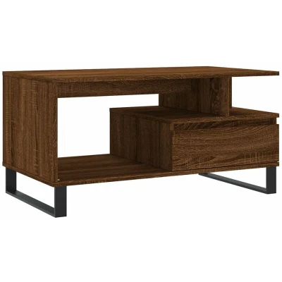 Image of vidaXL Modern Coffee Table with Drawer Brown Oak Engineered Wood Tabletop Metal Legs for Living Room Stylish and Durable Furniture