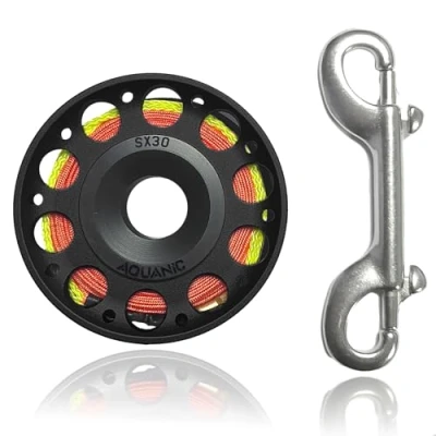 Image of Scuba Diving Reel 99FT Finger with Dive Double Ended Bolt Snap Clip Aluminum Spool for Snorkeling Fishing (BLACK)