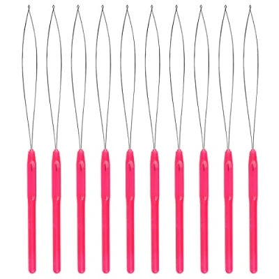 Image of SAVITA 10pcs Hair Extension Loop Needle Threader Pulling Hook Bead Device Micro Links Extensions Kit for Styling Tools Accessory (Magenta)