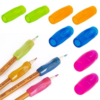 Image of Cozevdnt Pencil Grips, 8 Pcs Finger Grips Holder, colorful Silicone Ergonomic Writing Aid for Children Kids Adults, Orange,Blue,Green,Pink