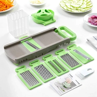 Image of InnovaGoods Choppie 6 in 1 Folding Mandolin Grater, Green and Grey, 14.5 x 14 16 cm