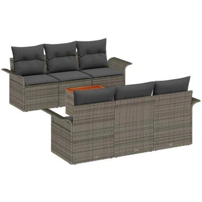 Image of vidaXL 7 Piece Garden Sofa Set with Cushions Grey Poly Rattan Acacia