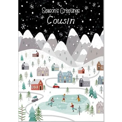 Image of doodlecards Cousin Christmas Card Mountain Scene In Snowy Village Medium Size with Plain Envelope
