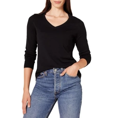 Image of Amazon Essentials Women&#039;s Regular Fit Lightweight Long Sleeve V Neck Jumper (Available in Plus Size), Black, XL