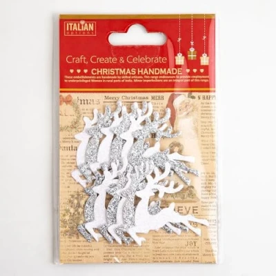 Image of Italian Options Silver White Glitter Reindeers Christmas Craft Festive Card Making Decoration (Pack of 12)