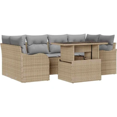 Image of vidaXL 7 Piece Garden Sofa Set with Cushions Beige Poly Rattan
