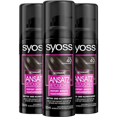 Image of Syoss Roots Retoucher Concealer Spray Black Level 1 (3 x 120 ml), Root Covers Lighter and Grey Renewable Roots, Colour Lasts Until The Next Hair Wash