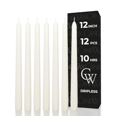 Image of CANDWAX 30 cm Taper Candles Set of 12 Dripless and Smokeless Candle Unscented Slow Burning Sticks Ideal as Dinner Ivory