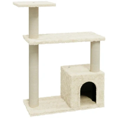 Image of vidaXL Cream Cat Tree Engineered Wood Play Centre with Sisal Scratching Posts, Cozy House and Plush Seat, 70 cm Height