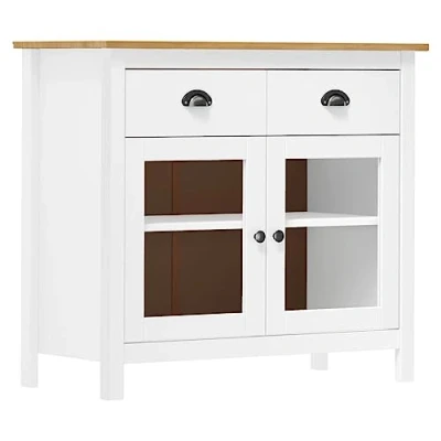 Image of vidaXL Rustic Style Sideboard White and Honey Brown Solid Pine Wood 90x40x80 cm 2 Drawers, Shelves, Glass Doors Retro Look for Living Room