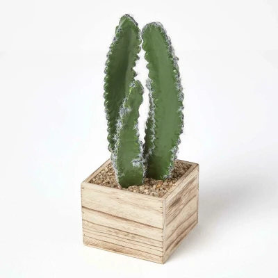 Image of HOMESCAPES Artificial Cactus In Wooden Pot Lifelike 33cm Tall Fake Square Decorative Planter Faux Succulent for Home or Office
