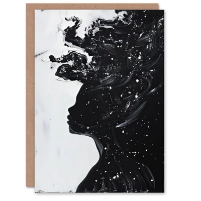 Image of Artery8 Personalised Greeting Card Woman in Stars Abstract Portrait Black and White For Him Or Her Art Birthday