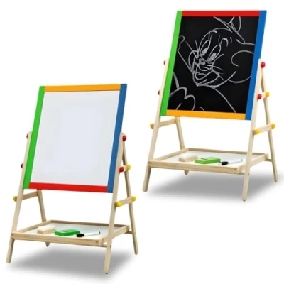 Image of BONAFIDE 2 in 1 Quality Wooden Art Easel, Double Sided Height Adjustable Whiteboard &amp; Blackboard for Kids Fun Play Educational Activity Learning