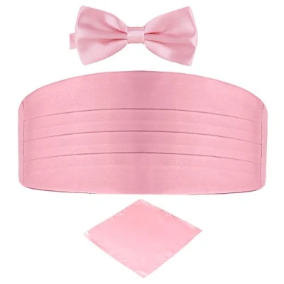 Image of DonDon Men&#039;s triple pack with colour coordinated cummerbund bow tie breast pocket handkerchief perfect for special occassions Pink