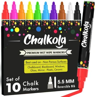 Image of Chalk Pens Pack of 10 neon Colour Markers. Used on Whiteboard, Chalkboard, Window, Blackboard 6mm Reversible Bullet &amp; Chisel Tip