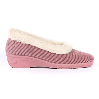 Image of Lunar Ladies&#039; Glynis Heather Fur Trim Wedge Slippers Soft Plush Lining, Cushioned Insole, Low Heel, Non Slip Rubber Sole, Machine Washable Comfort 6 UK Pink