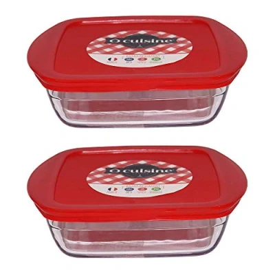 Image of Pyrex O&#039;Cuisine Borosilicate Glass Square Dish Container with Plastic Lid 1.0 Litre Red (Pack of 2)