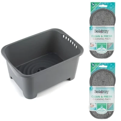 Image of Beldray COMBO 7025 Grey Washing Up Bowl with Draining Plug Fresh Microfibre Scrubber Cleaning Pads, Plastic