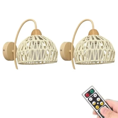 Image of Rattan Wall Sconces Set of 2 Battery Operated，Non Hardwired Light Fixtures for Indoor Bedroom,Wireless Dimmable Lamp Rechargeable with Remote Living Room,Entryway