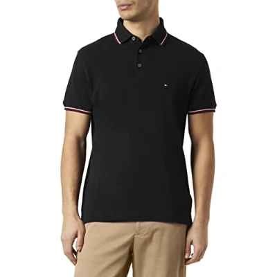 Image of Tommy Hilfiger Men 1985 RWB Tipped Slim Polo Short Sleeve Shirt, Black (Black), S