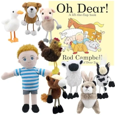 Image of Oh Dear! Book by Rod Campbell &amp; Puppet Set, Includes 8 Farm Animal Finger Puppets The Company, Interactive Fun for Kids with Storytelling Early Learning Play