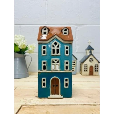 Image of Cottage Ceramic House Village Tealight Candle Holder Home Pottery Ornament (Blue Town (21cm))