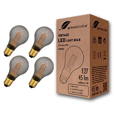 Image of greenandco 4X Vintage Design LED Bulb for Mood Lighting E27 A60 Smoke 2W 45lm 1800K Extra Warm White 320 230V Flicker Free Non dimmable Edison