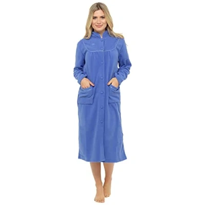Image of Ladies Fleece Dressing Gown Sizes UK 10 to 26 Robe wrap Button Front Pockets (22/24, Blue)