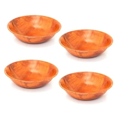 Image of Carousel Home Set of 4 Round Wooden Woven Bowl Pack Wood Weave Kitchen Fruit Snack Salad Piece Picnic Rustic Serving Dish 25cm