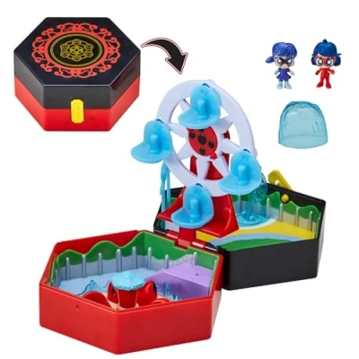 Image of Miraculous Bandai Chibi Miracle Box Playset Amusement Park 2 Mini Figures Included In This Gift For Girls And Boys Travel Toys With Water Fountain, Carousel &amp; Ferris Wheel