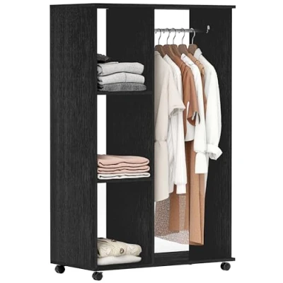 Image of HOMCOM Open Wardrobe on Wheels with Clothes Rail, Bedroom Storage Hanging Rod, 3 Shelves, Mobile Garment Rack for Cloakroom, Hallway, Black