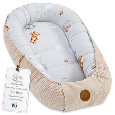 Image of Baby Nest Newborn 90x50 cm Cocoon Handmade two sided from Waffle Piqué Cotton Slumber Teddy Bears B