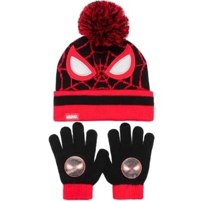 Image of Marvel Spiderman Winter Hat &amp; Gloves Set for Boys Warm Cosy Beanie Ideal Kids Ages 3 9 Black