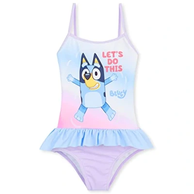 Image of Bluey Girls Swimming Costume, Comfortable One Piece Swimwear (Lilac/Blue, 7 8 Years)